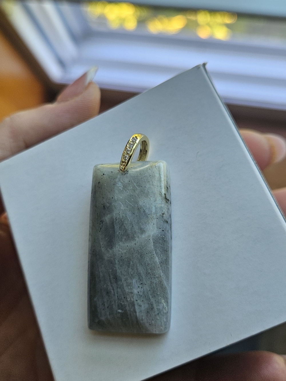 Gold Bail Gray Stone Pendant Necklace - Women Jewelry